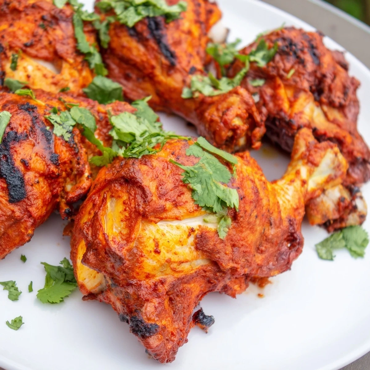 Tandoori chicken pieces displaying charred edges and vibrant red marinade on a white serving platter