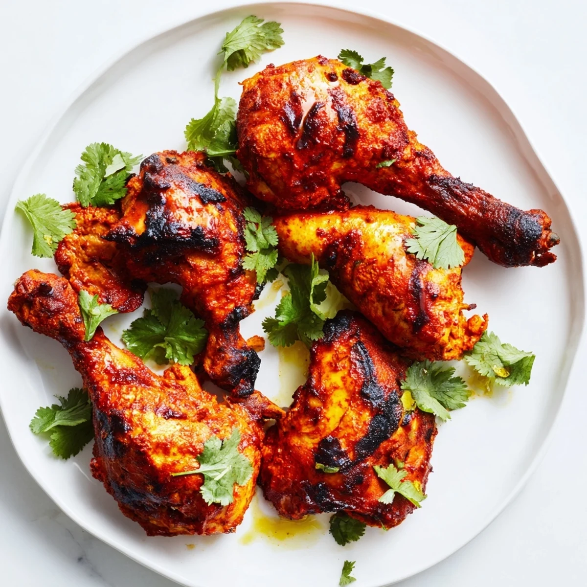 Succulent tandoori chicken garnished with fresh cilantro leaves alongside lemon wedges on a rustic wooden board