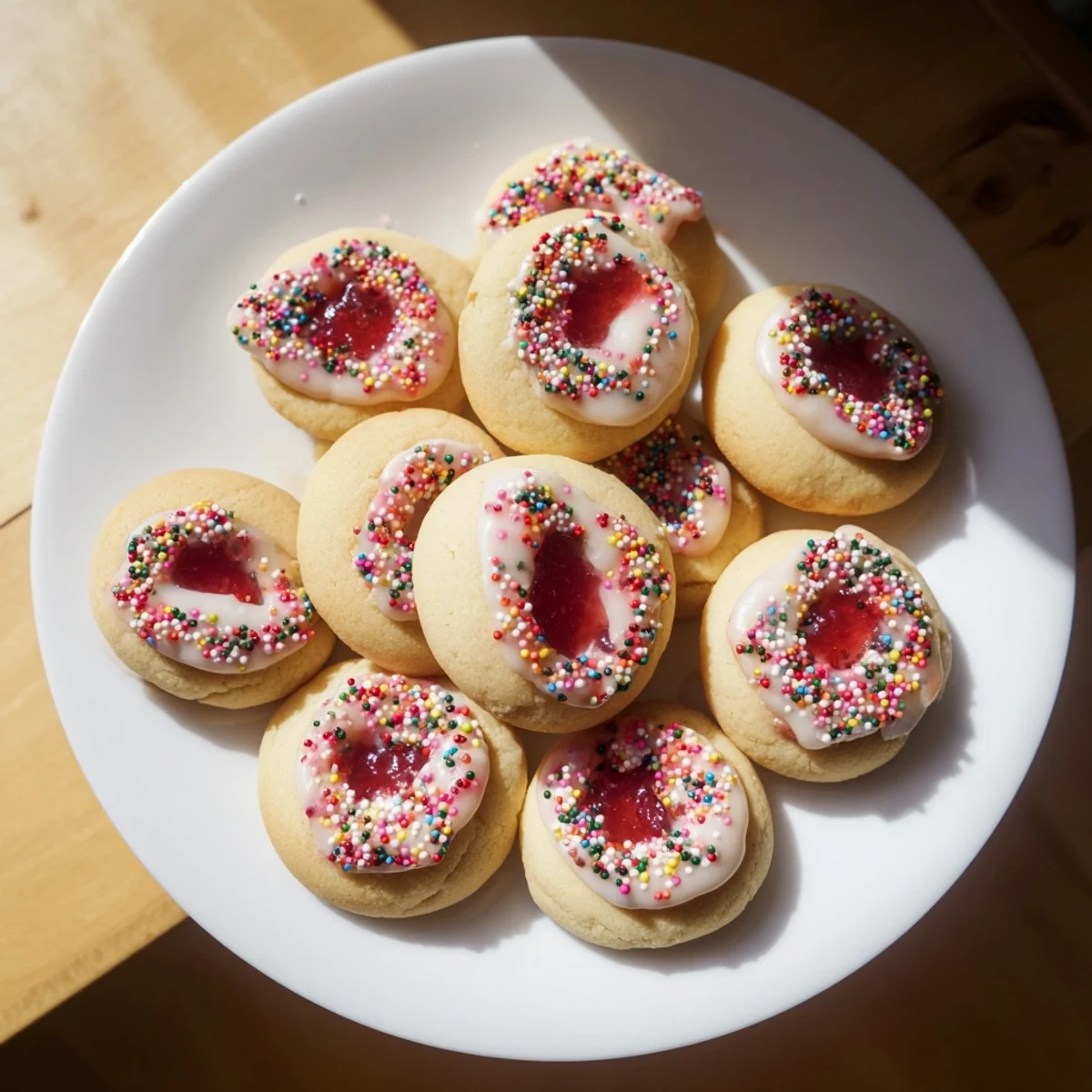 Soft strawberry Pop Tart cookies drizzled with pink glaze and colorful sprinkles on a white plate