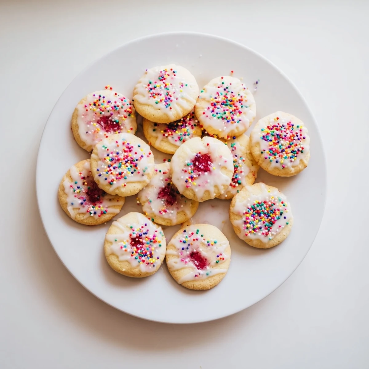 Batch of freshly baked strawberry Pop Tart cookies decorated with rainbow sprinkles on a cooling rack
