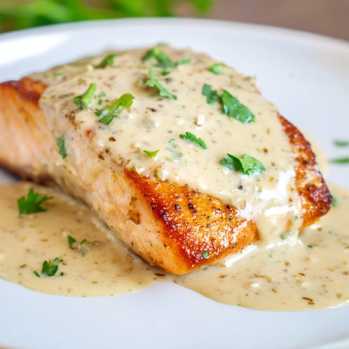 Pan-seared salmon with lemon cream sauce drizzled over flaky pink fish fillets