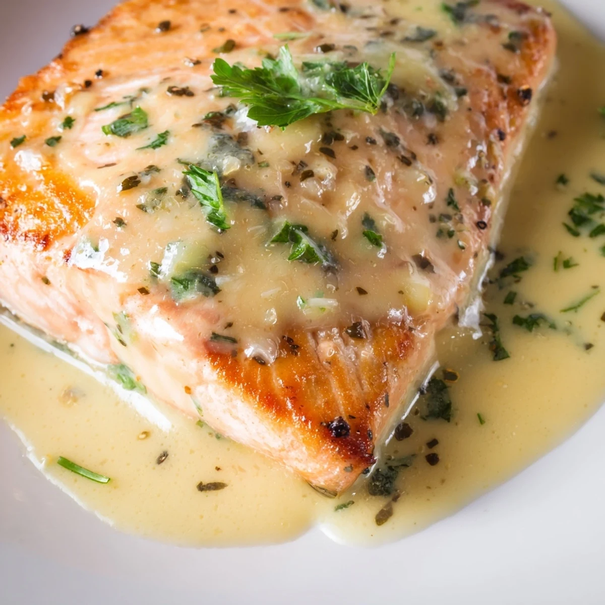 Golden brown salmon fillets topped with creamy lemon garlic sauce and fresh parsley