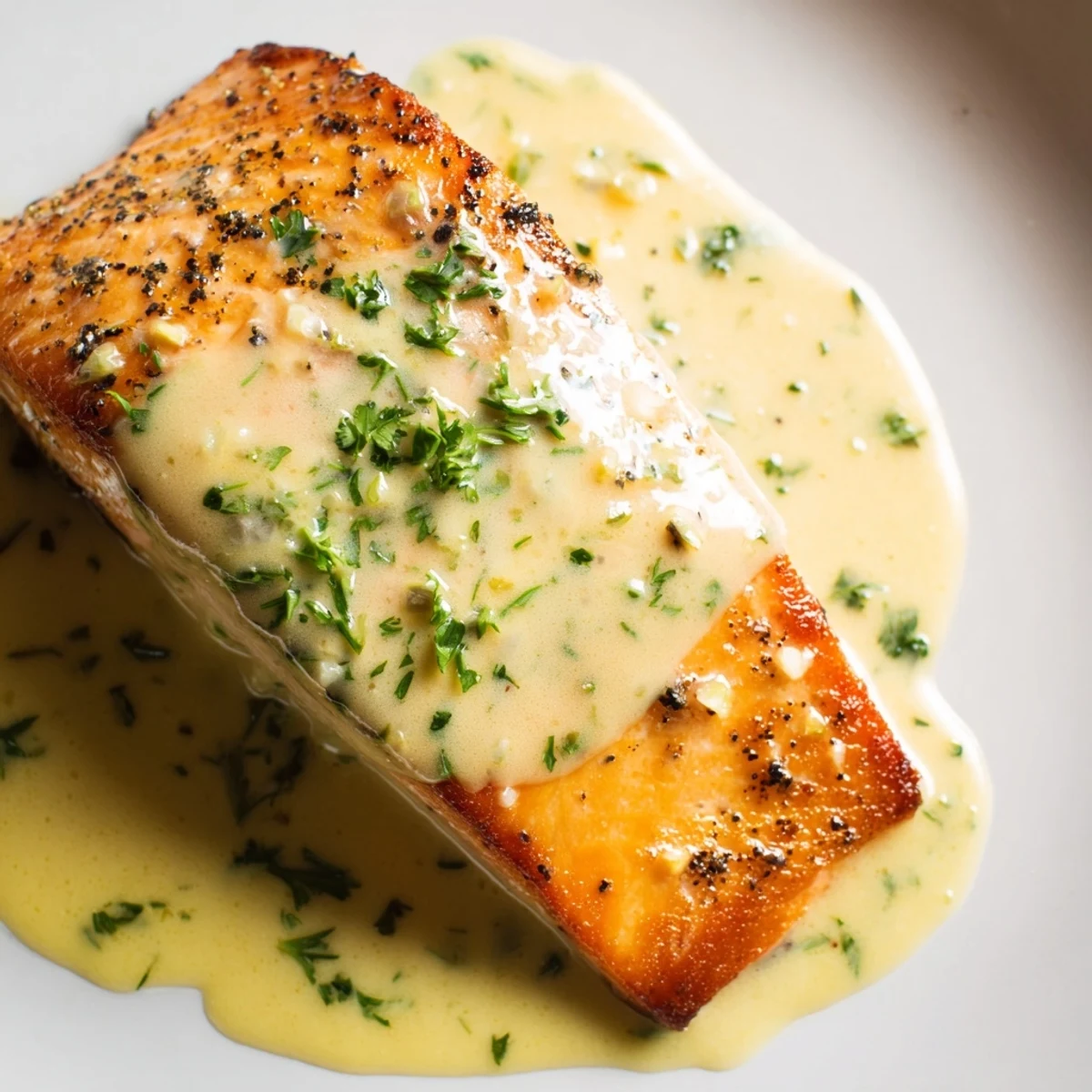 Succulent salmon fillets in rich lemon cream sauce served on white dinner plate