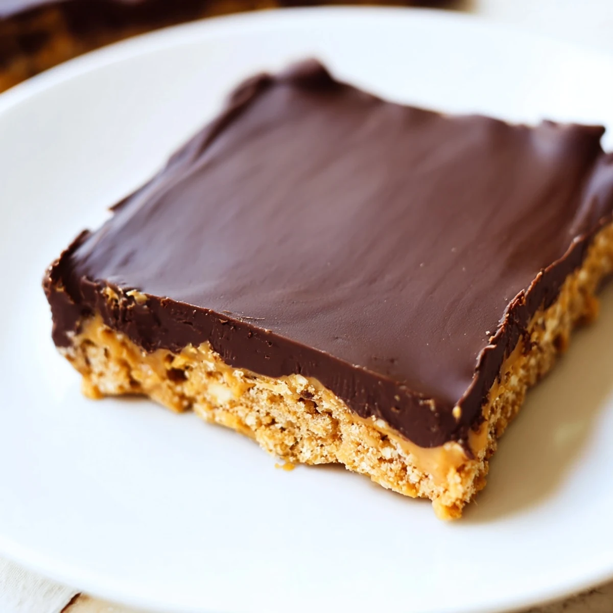 No-bake peanut butter bars cut into squares with smooth chocolate peanut butter frosting