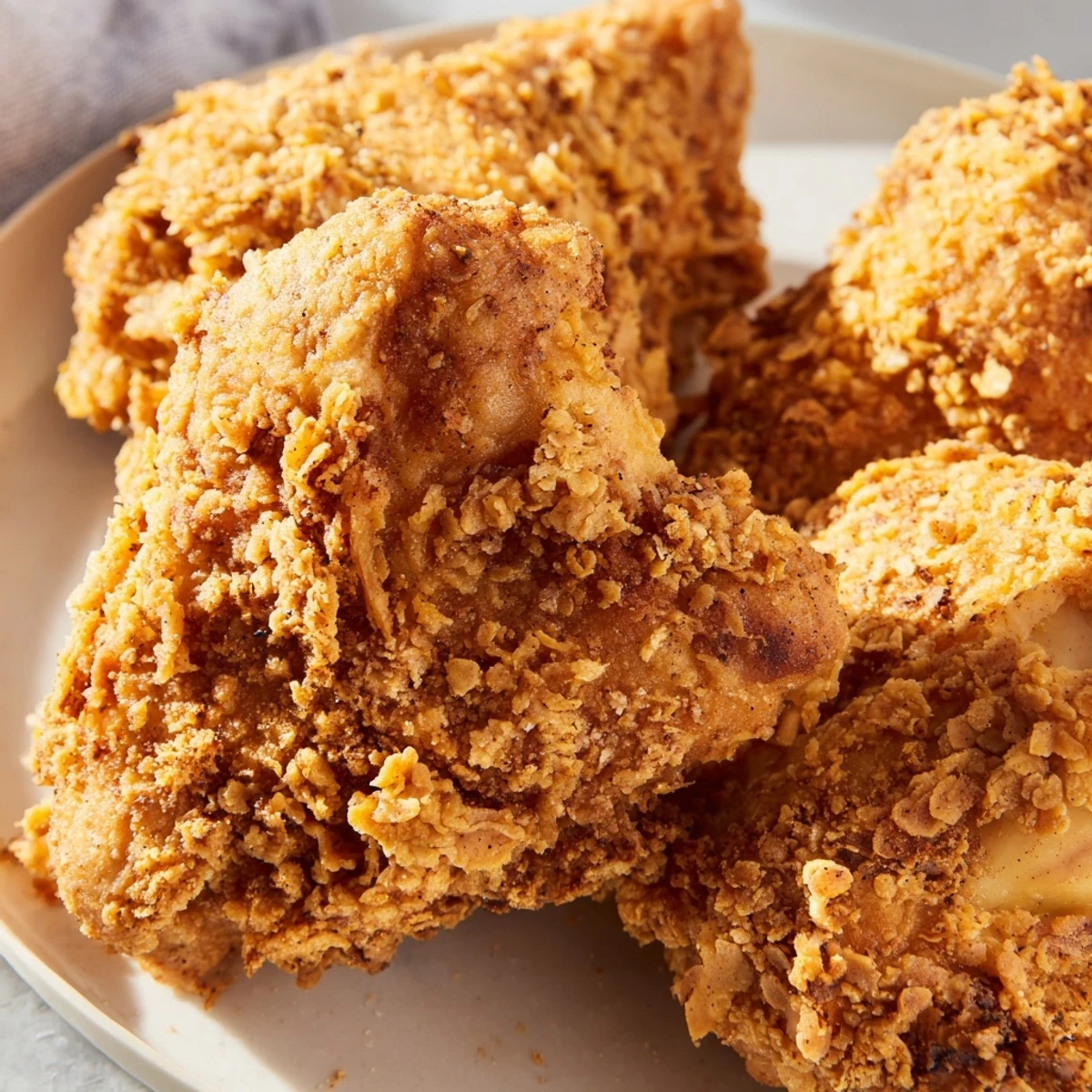 Golden fried chicken breast with crispy breadcrumb coating served on a white plate