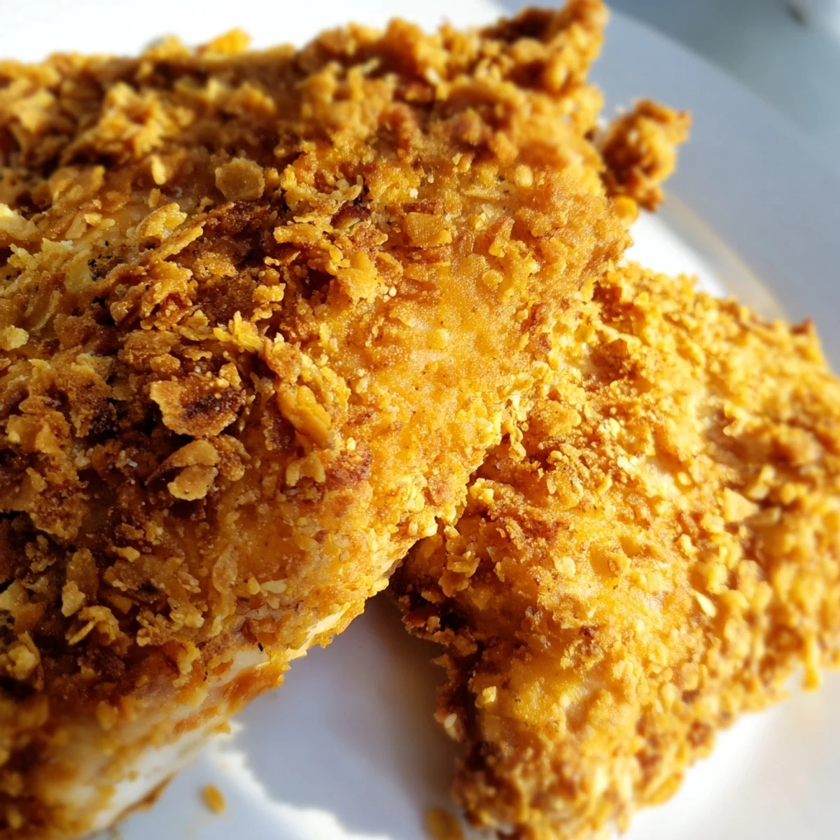 Homemade fried chicken breast displaying golden brown crust and moist white meat interior