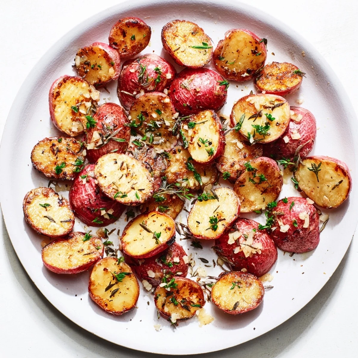 Golden brown garlic roasted radishes arranged on a white serving plate with fresh parsley garnish