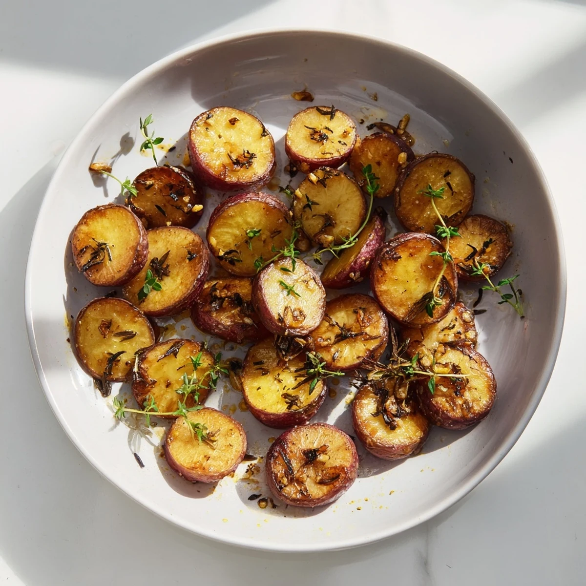 Tender halved radishes roasted to caramelized perfection with garlic and herbs on a parchment-lined baking sheet