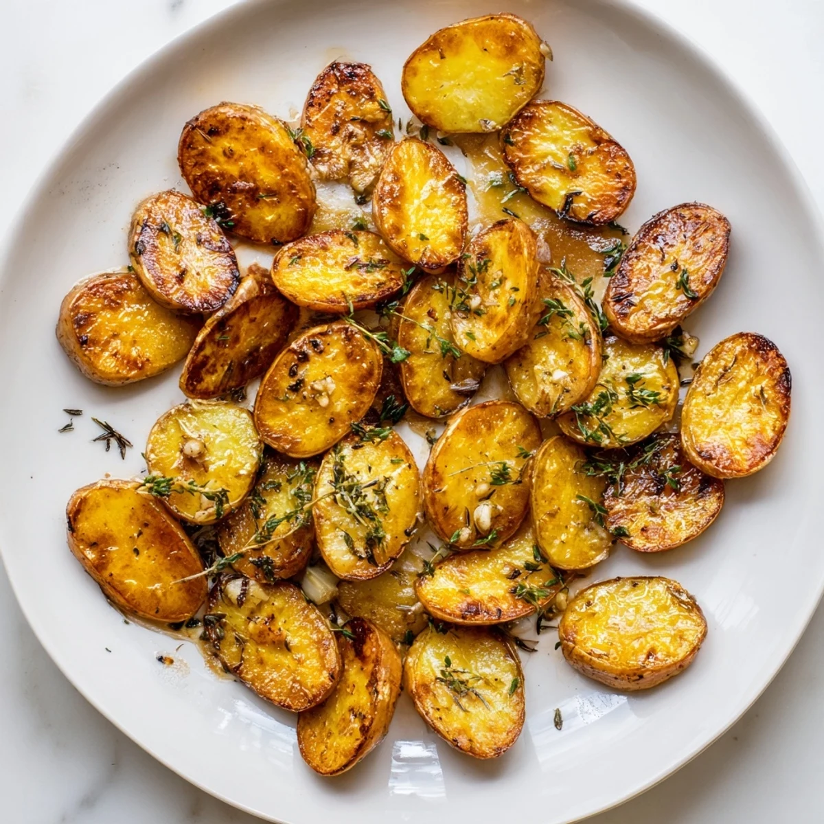 Savory garlic roasted radishes displayed as a warm side dish with thyme and olive oil glaze