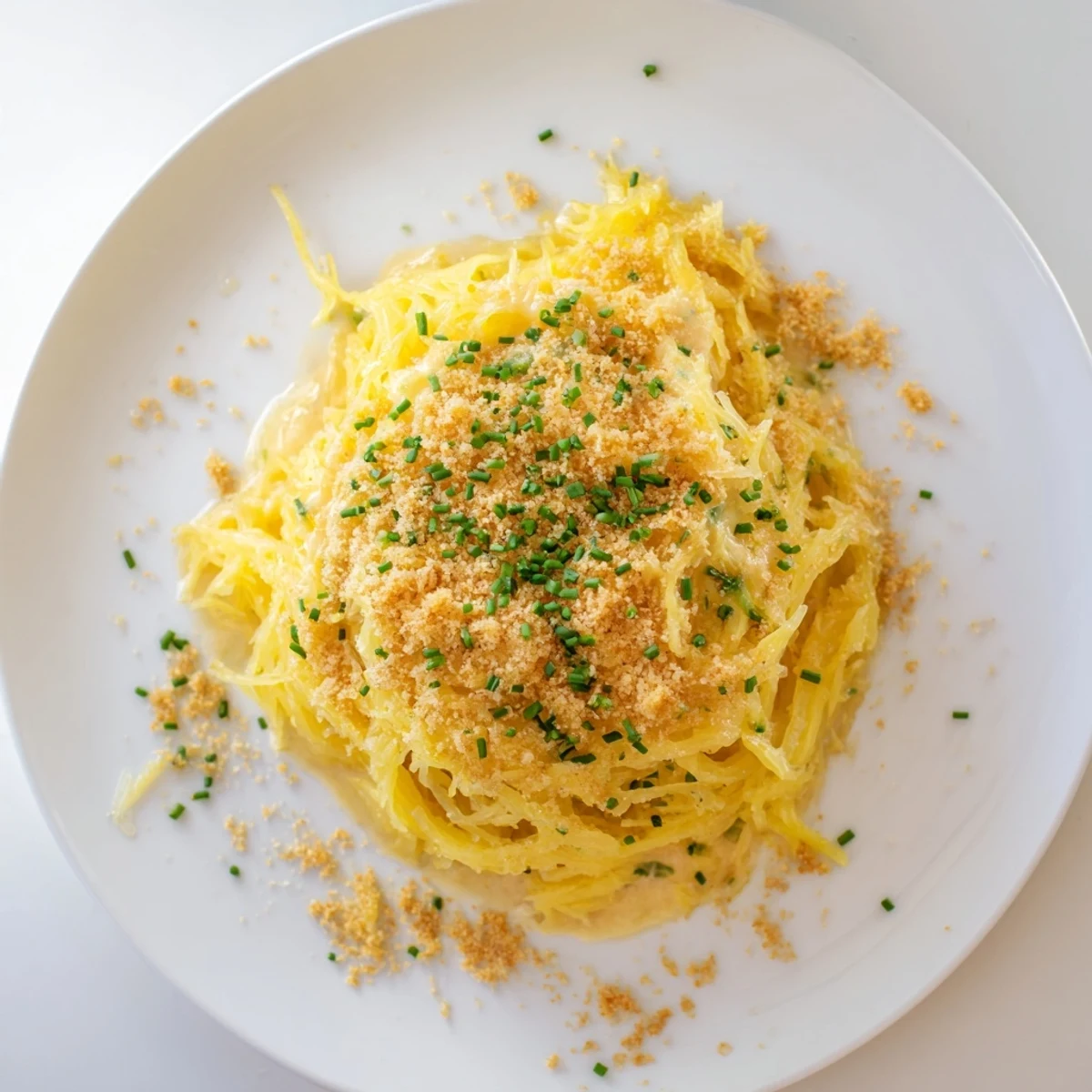 Golden baked spaghetti squash mac cheese with bubbling cheese sauce and crispy Parmesan breadcrumb topping