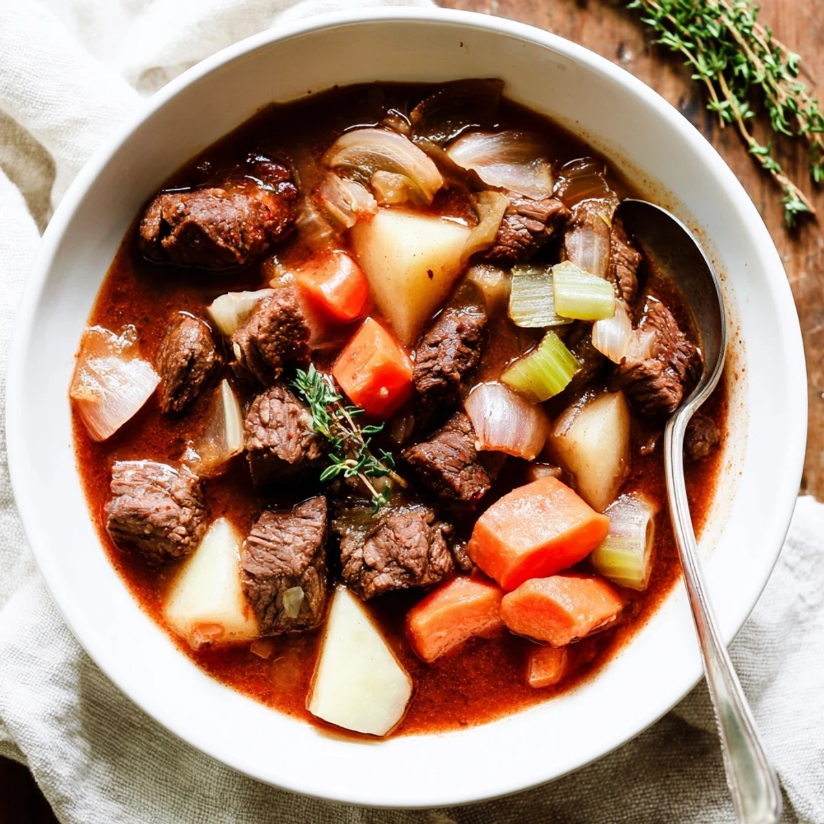 Rich Italian beef stew spezzatino simmered with tender potatoes carrots and red wine sauce