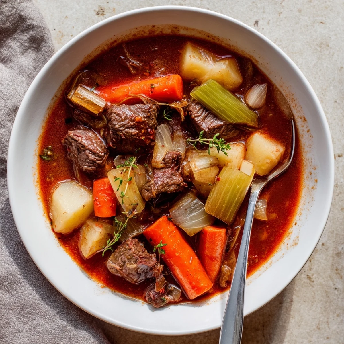 Hearty spezzatino di manzo beef stew served in rustic bowl with crusty bread
