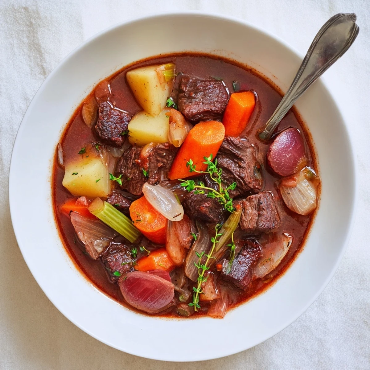 Slow-braised Italian beef stew spezzatino featuring melt-in-your-mouth beef chunks in savory herb broth