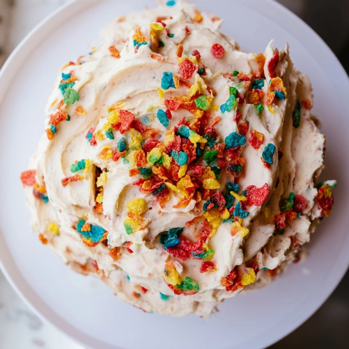 Colorful Fruity Pebbles cereal frosting piped onto cupcakes with crunchy rainbow cereal garnish