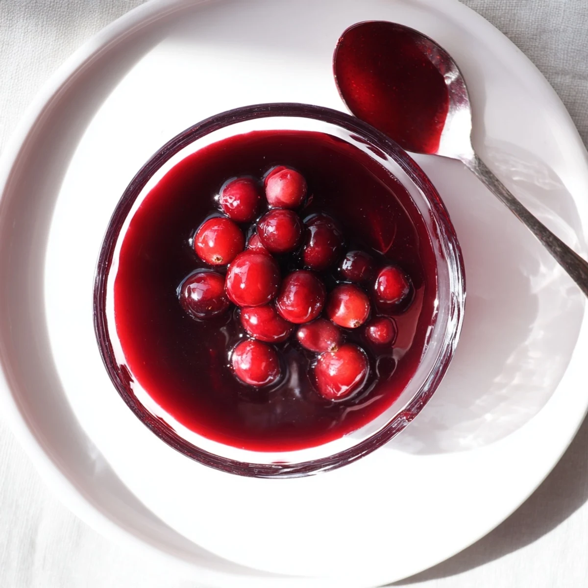 Glossy red cranberry syrup drizzled over fluffy pancakes with fresh cranberry garnish