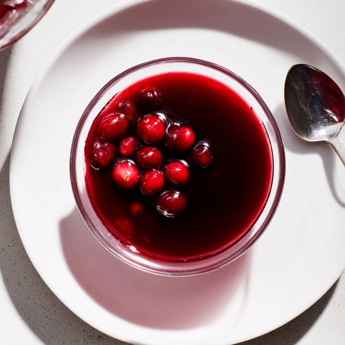 Deep ruby cranberry syrup poured from spoon showcasing thick vibrant red texture
