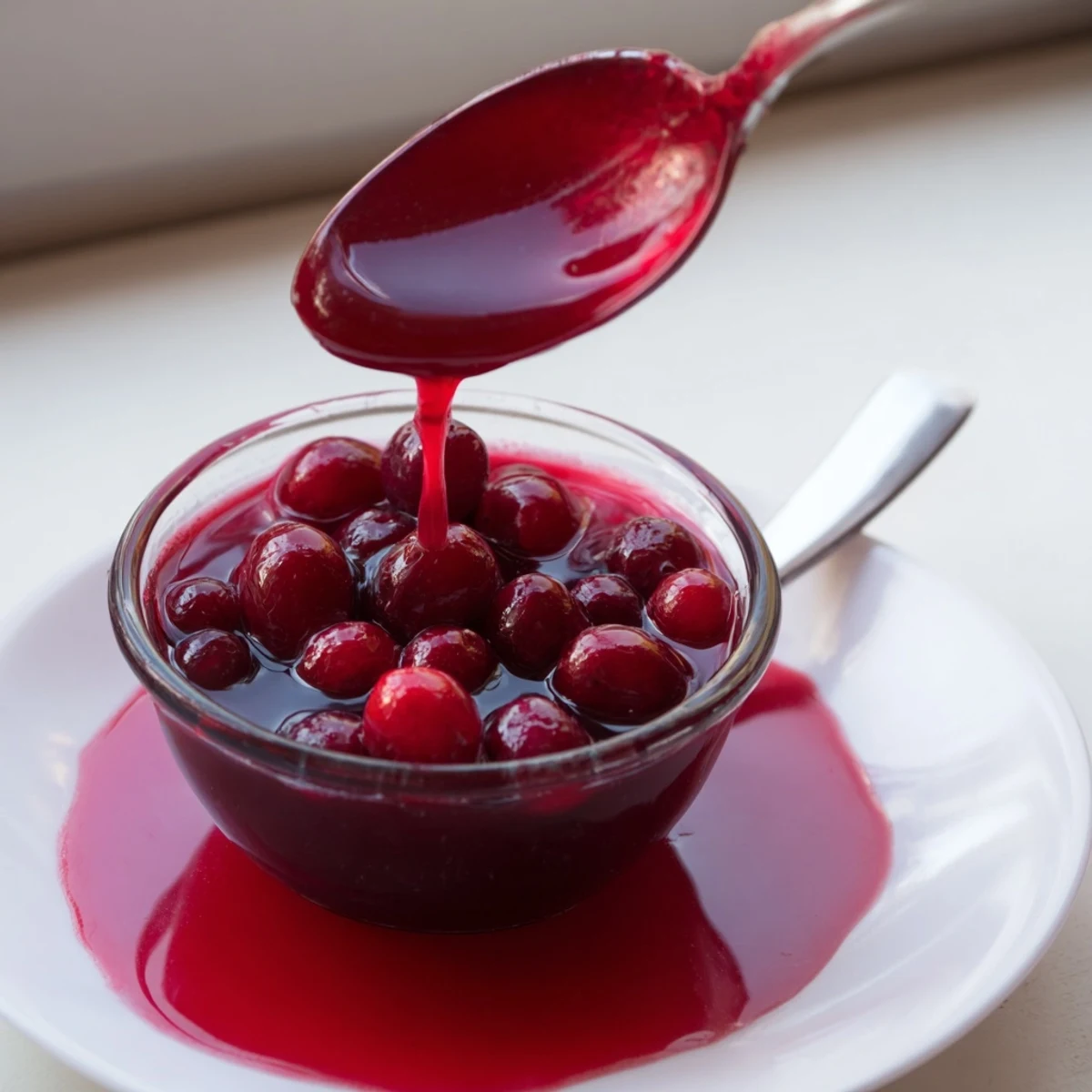 Rich homemade cranberry syrup in a glass jar beside cocktail glass with ice