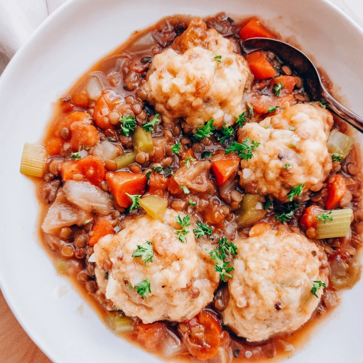 Golden brown fluffy dumplings steaming atop a bowl of hearty lentils with vegetables