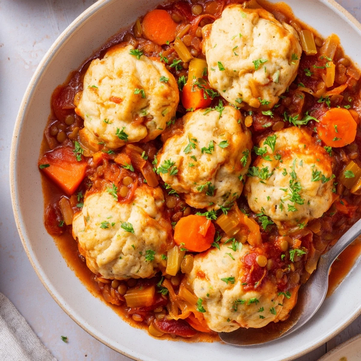 Comforting lentils with dumplings served in a white bowl with crusty bread on side