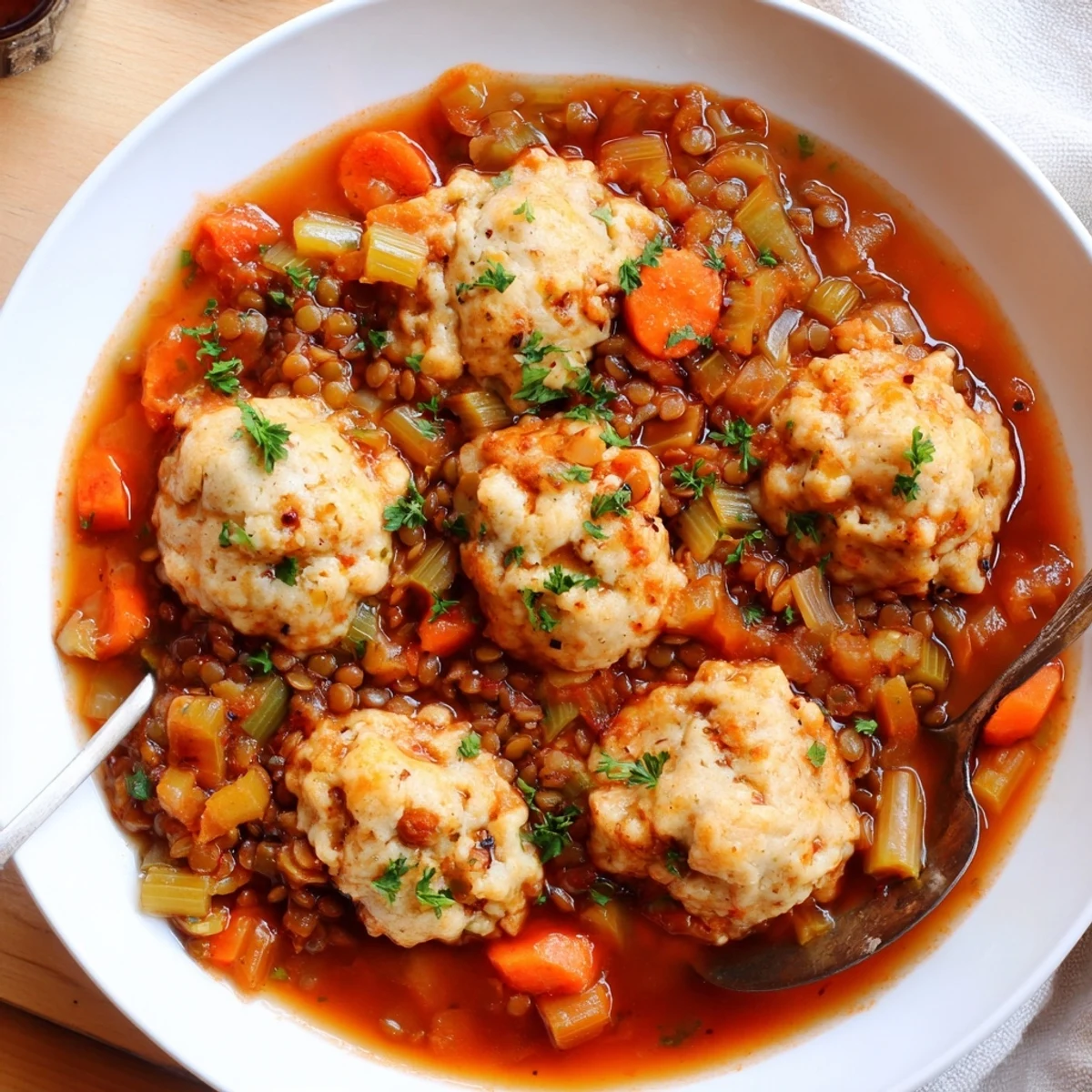 Savory lentil stew topped with pillowy dumplings garnished with fresh chopped parsley