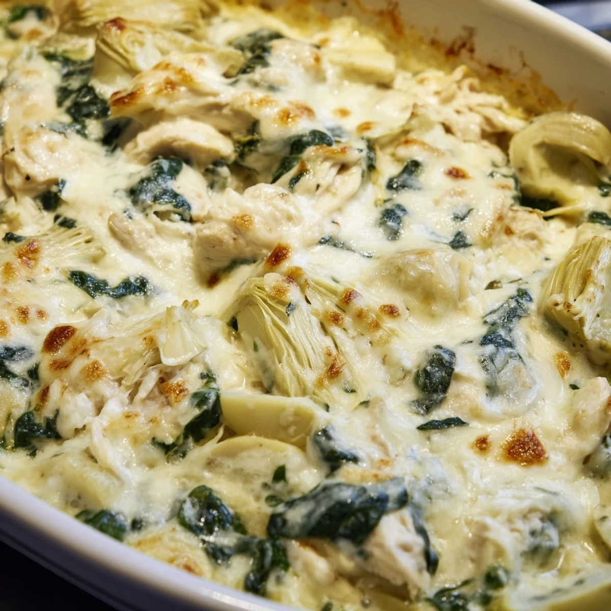 Golden brown spinach artichoke chicken casserole bubbling with melted mozzarella cheese in a baking dish