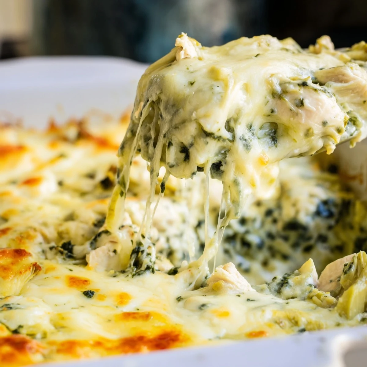 Creamy spinach artichoke chicken casserole topped with golden cheese and served piping hot for dinner