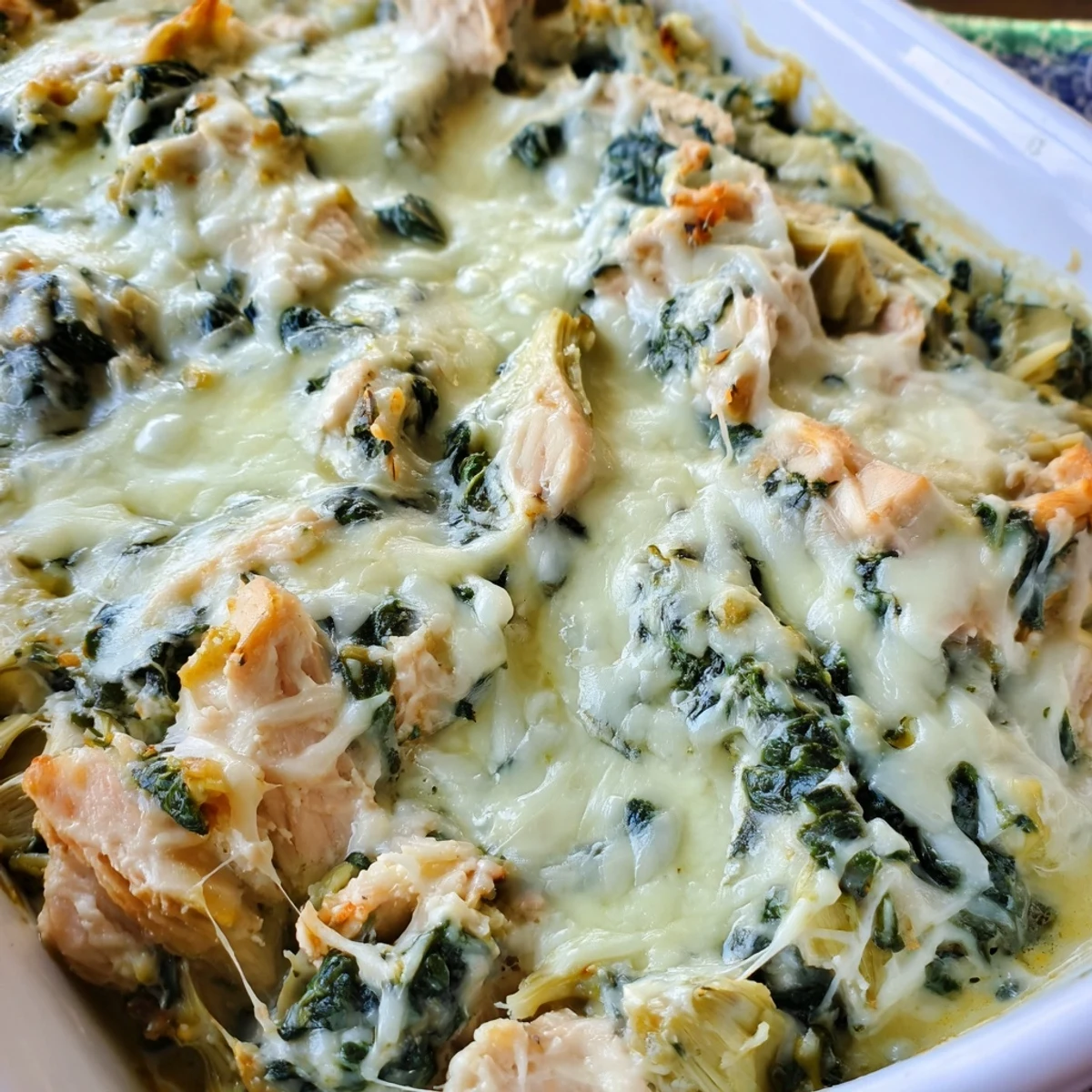 Baked spinach artichoke chicken casserole with tender shredded chicken and cheesy topping on a white plate