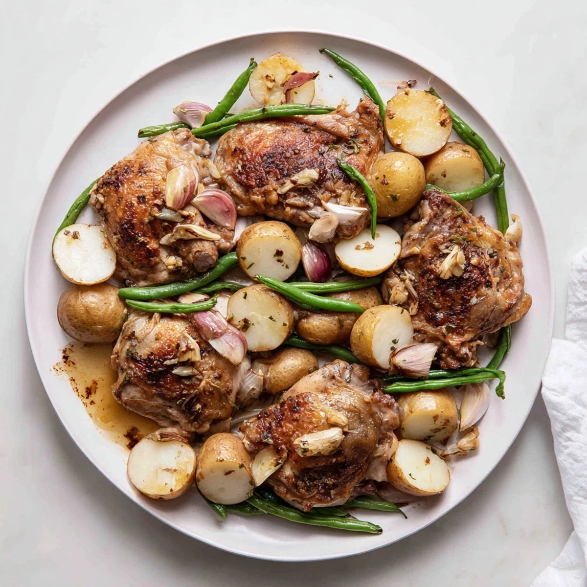 Slow cooker chicken and potatoes with green beans steaming in a ceramic crock with fresh herbs