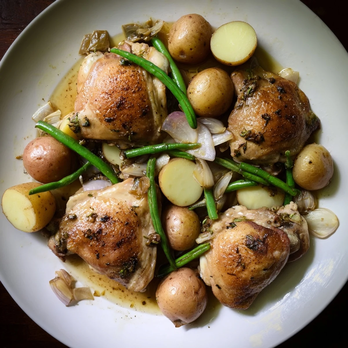 Hearty slow cooker chicken and potatoes dinner featuring green beans and aromatic rosemary-thyme seasoning