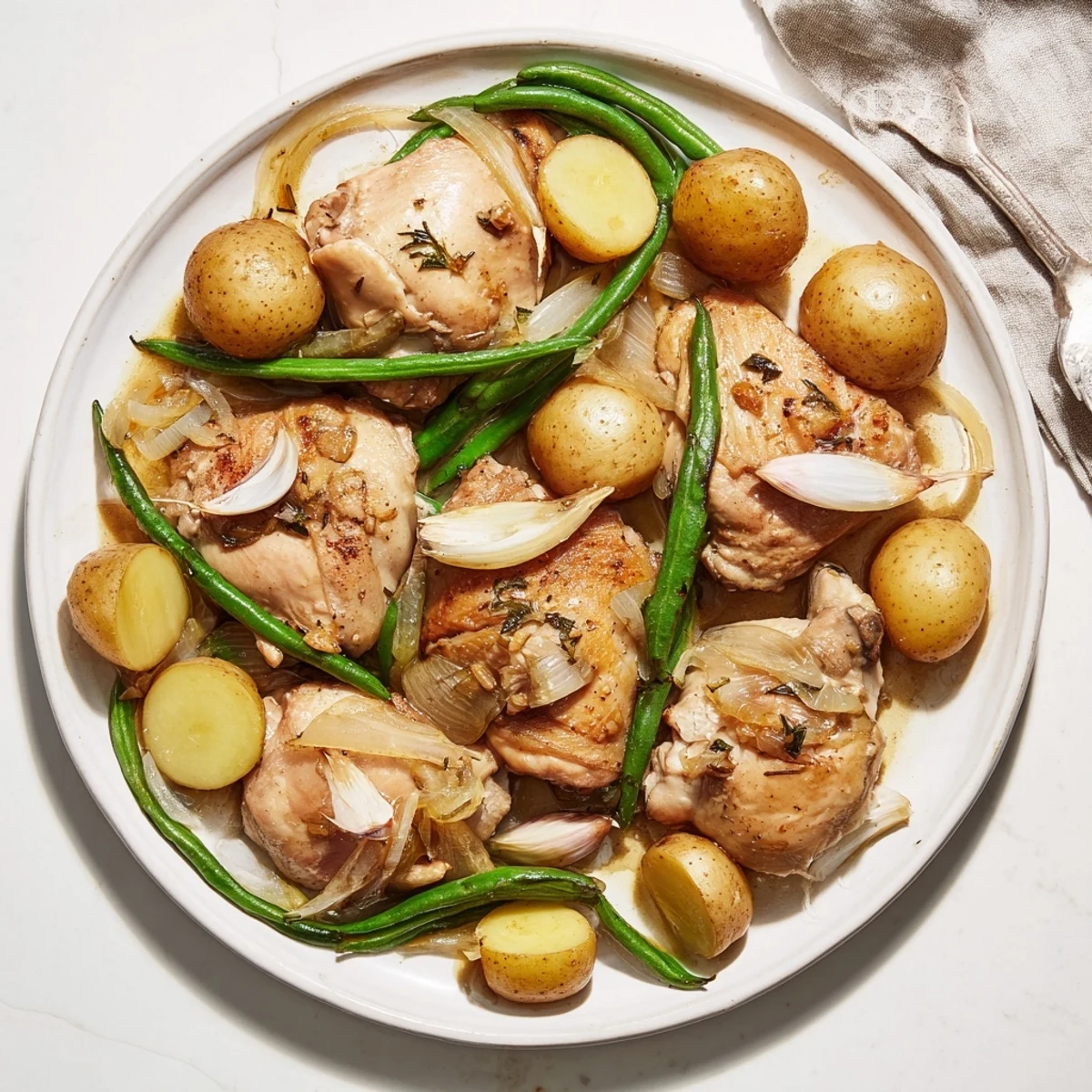Golden chicken thighs nestled beside tender baby potatoes and crisp green beans in a rich, savory broth