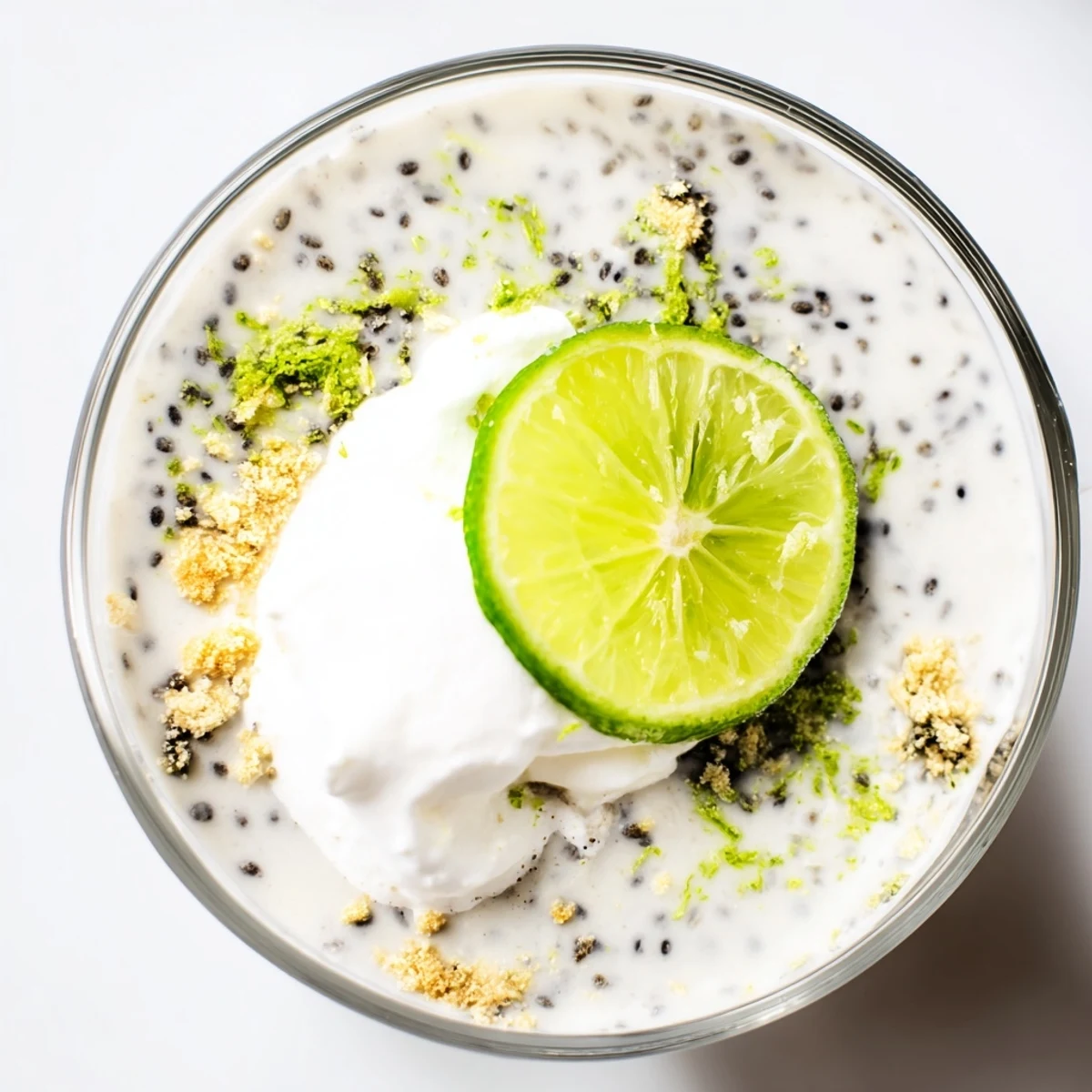 Creamy key lime chia pudding topped with coconut whipped cream and fresh lime zest