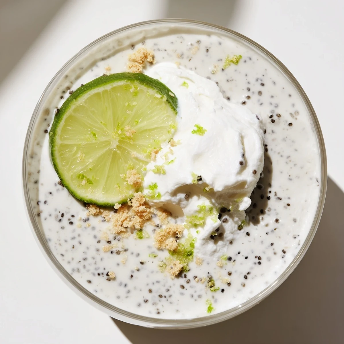 Glass jar layered with zesty key lime chia pudding garnished with crushed graham crackers