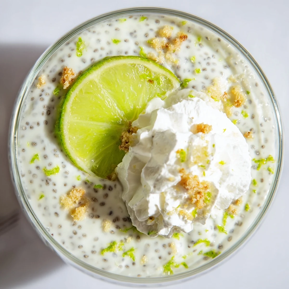 Vegan key lime chia pudding in clear bowl with lime slices and white whipped cream