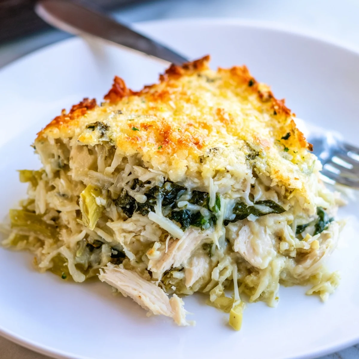 Spinach Artichoke Chicken Casserole bubbling golden, cheesy top, steam rising, ready.