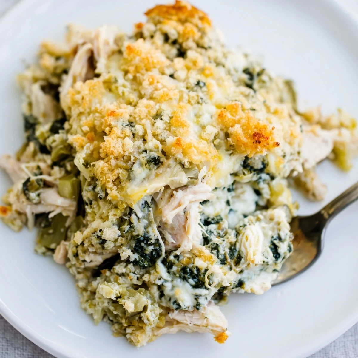 Family-style Spinach Artichoke Chicken Casserole served with crisp salad, warm cheesy bites.