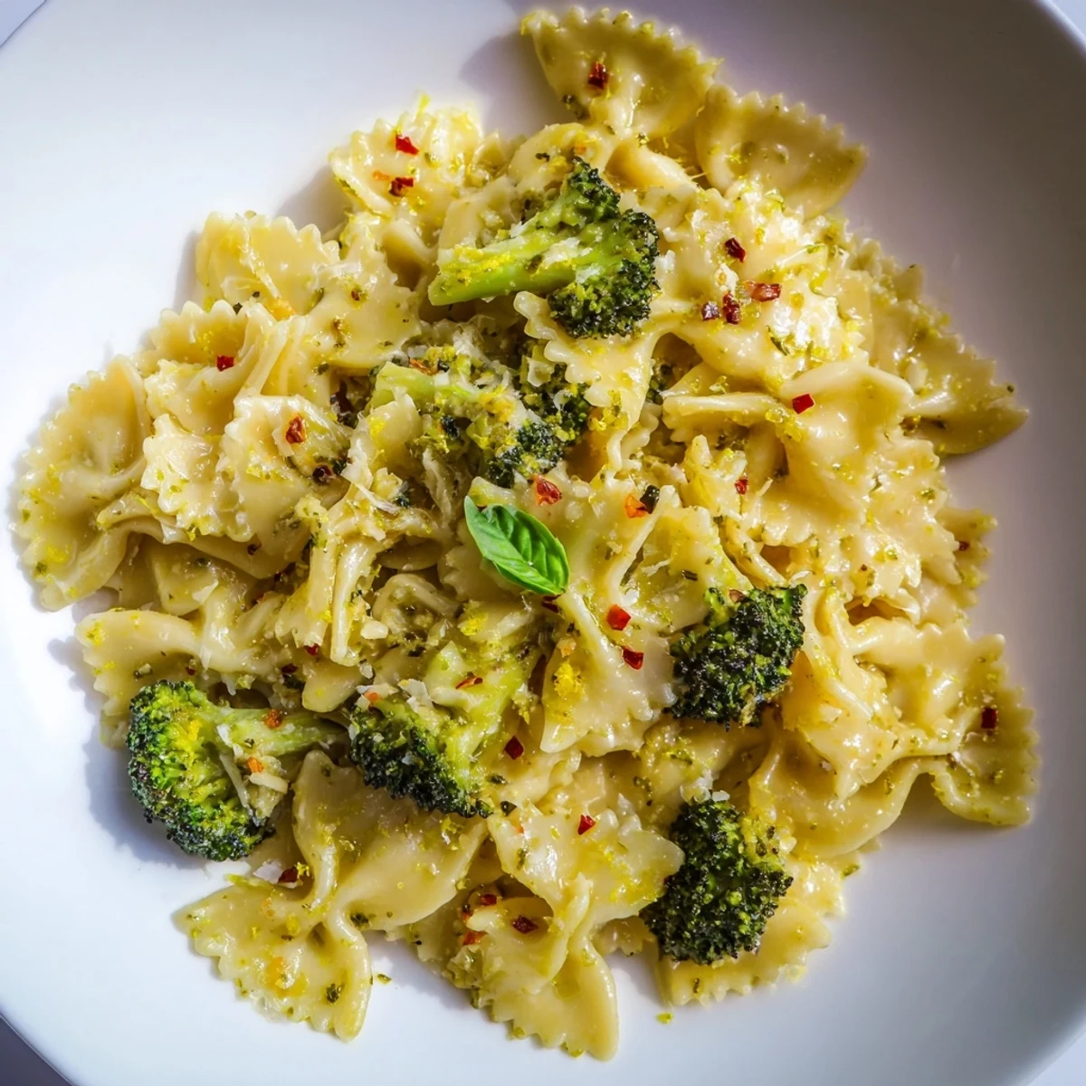 Fragrant mafaldine limone broccoli pasta topped with chili flakes, fresh basil, and a generous dusting of Parmesan on a white plate