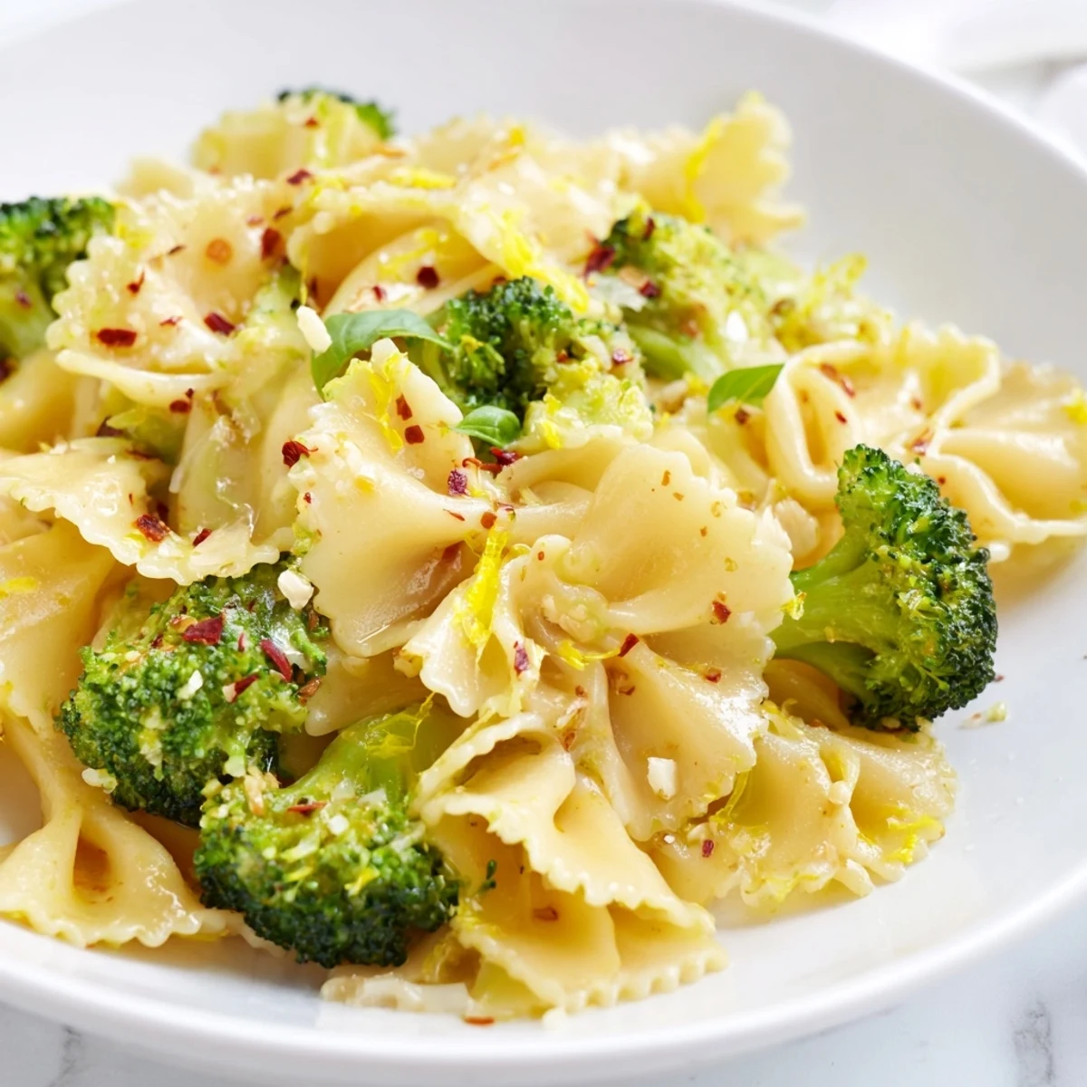 Steaming bowl of mafaldine limone broccoli pasta glistening with olive oil and studded with vibrant broccoli florets and golden garlic slices