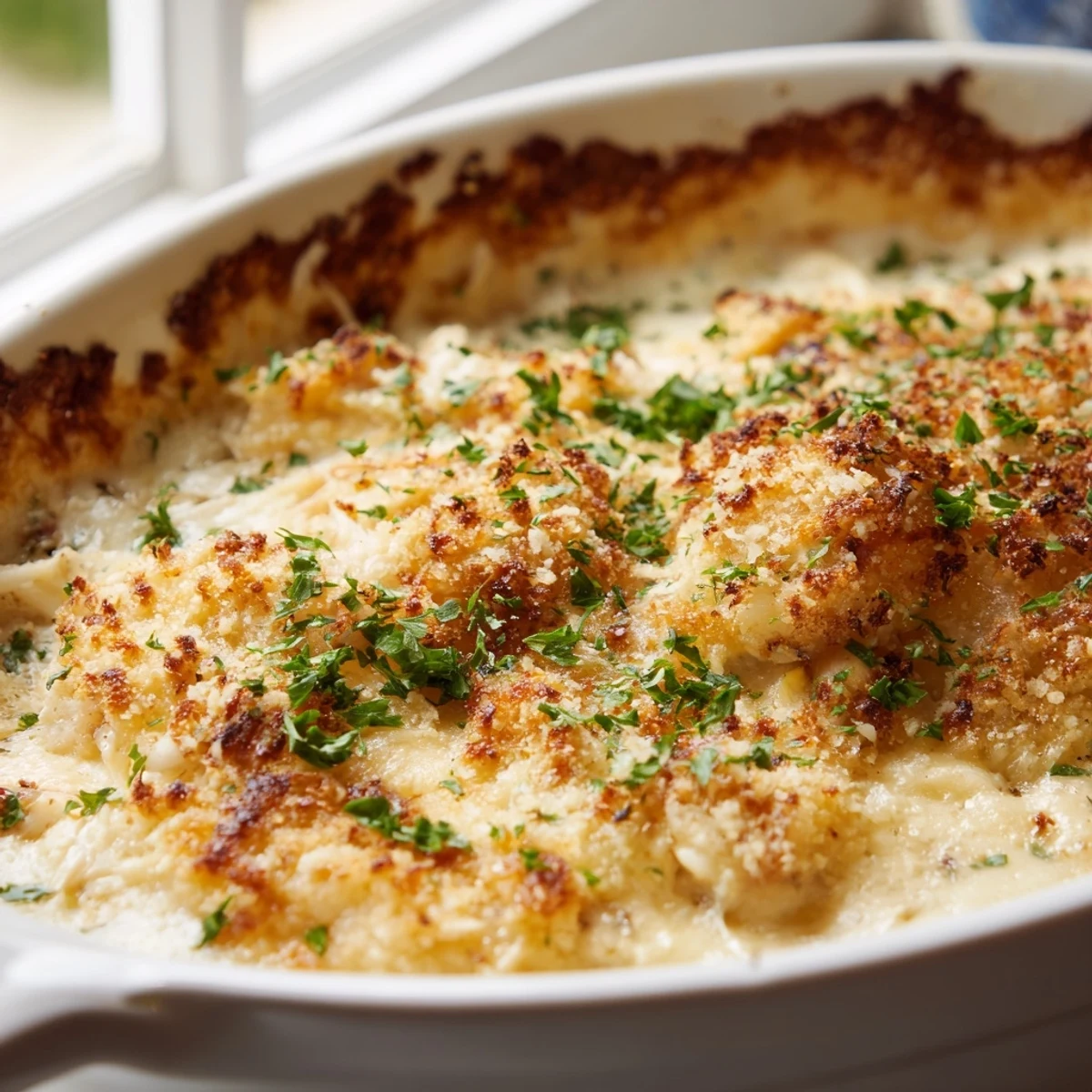 Bubbling cheesy crab au gratin with golden panko crust fresh from the oven