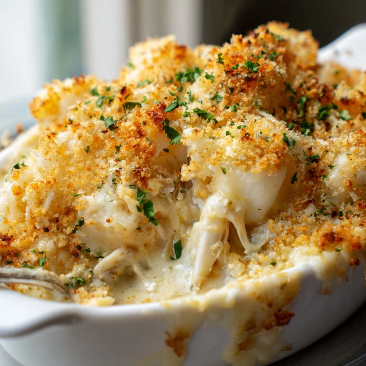 Creamy crab au gratin topped with melted Gruyère and crispy buttery breadcrumbs
