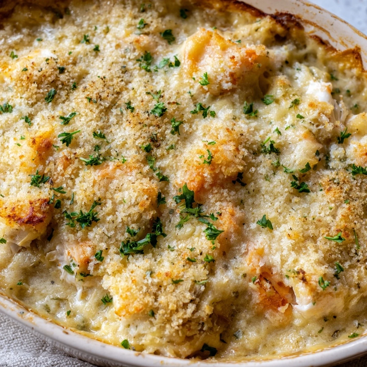 Golden baked crab au gratin served in a rustic dish with fresh parsley