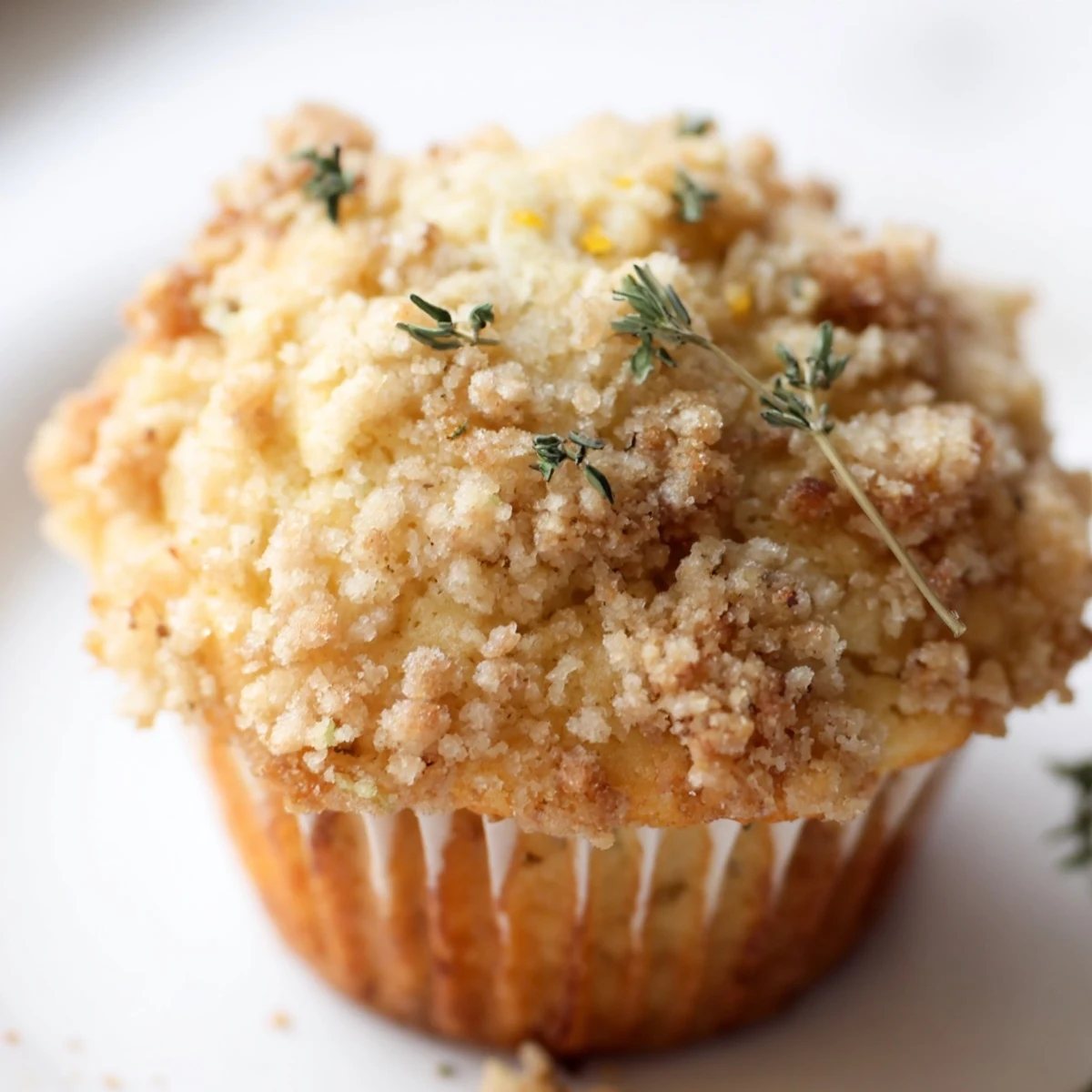 Golden lemon orange honey muffins with thyme crumble cooling on a wire rack
