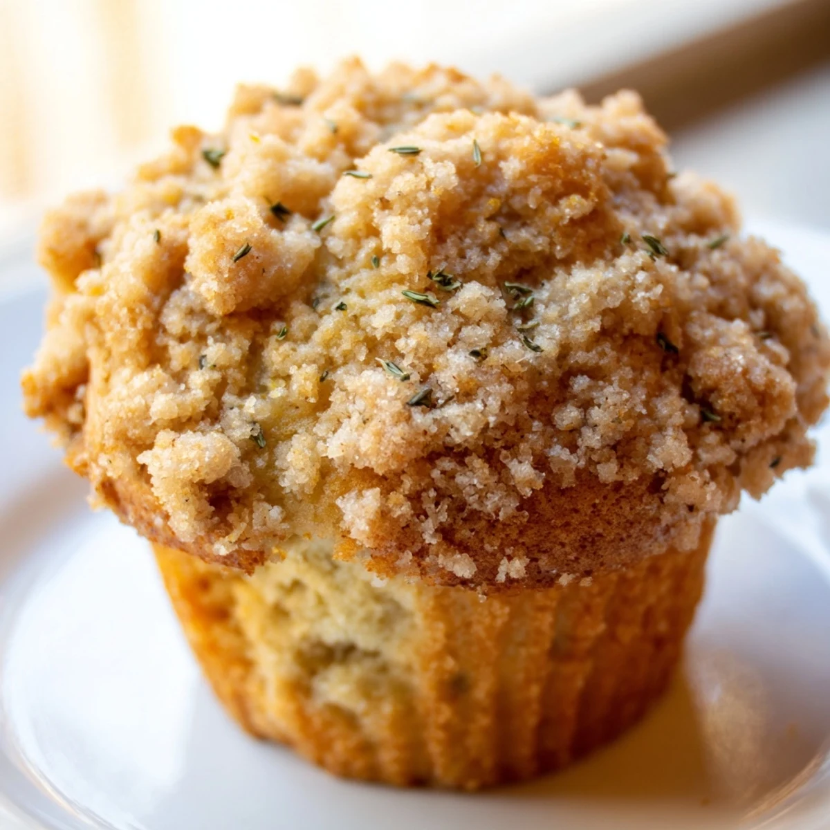 Warm lemon orange honey muffins with fragrant thyme crumble served on rustic plate