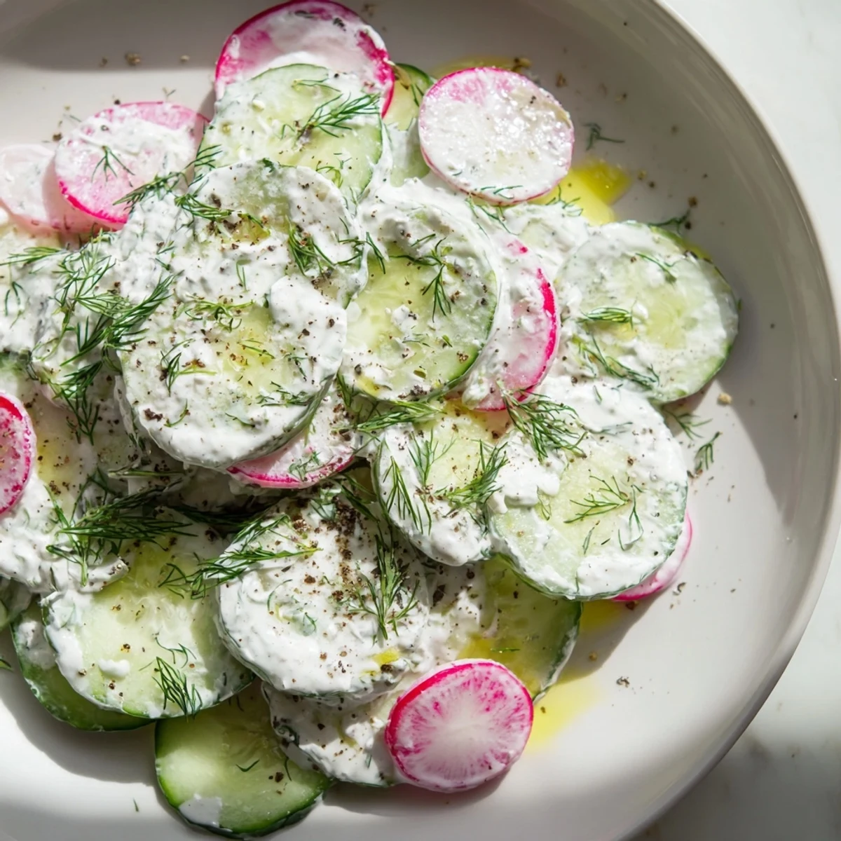 Creamy cucumber radish yogurt dill salad in a rustic white serving bowl