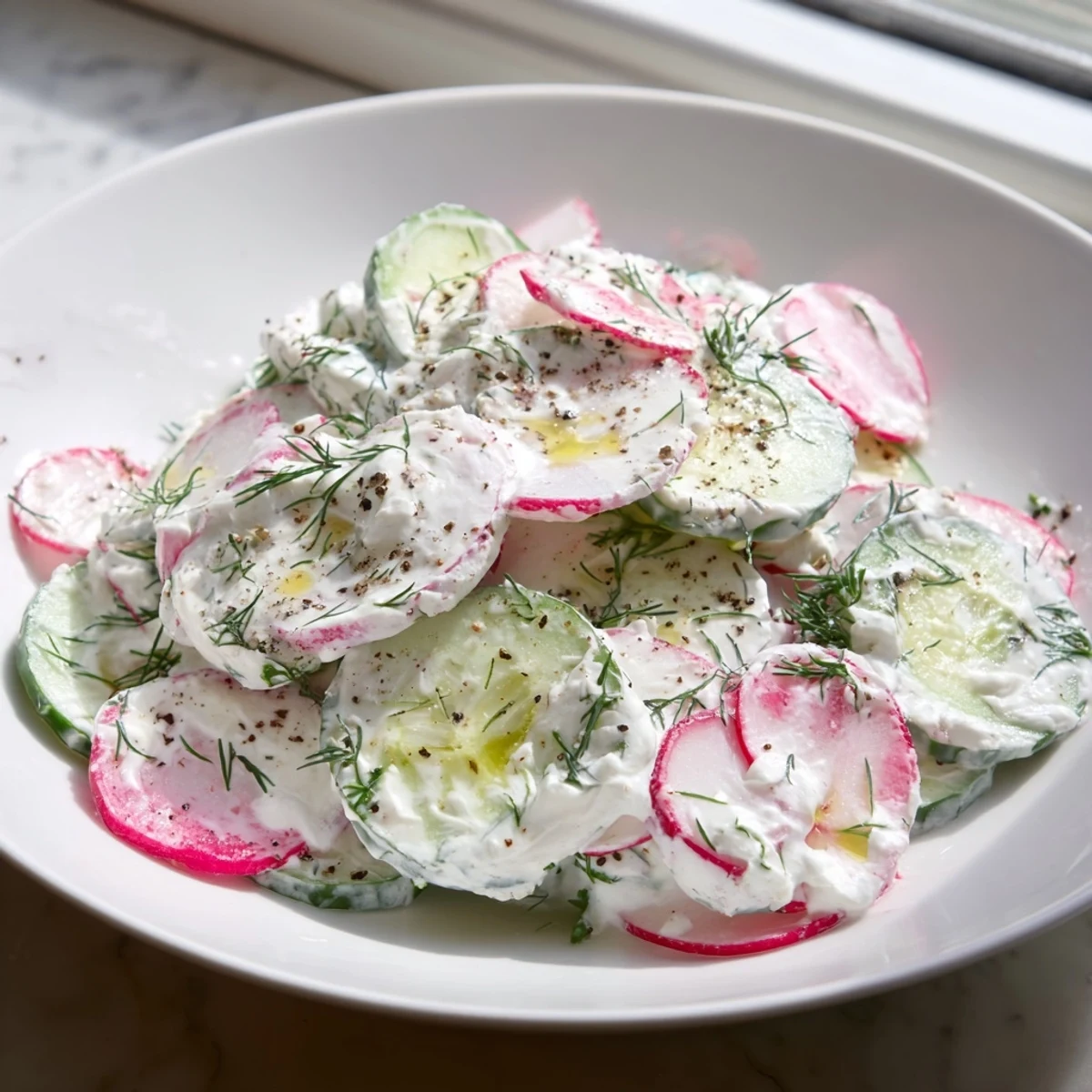 Crisp cucumbers and peppery radishes coated in a tangy yogurt dill dressing