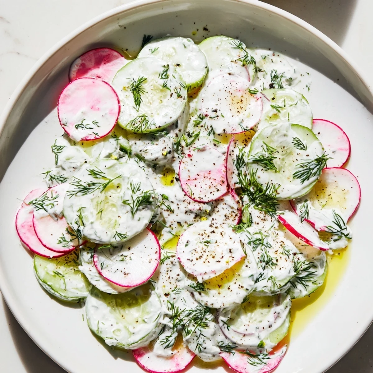 Cool cucumber radish yogurt dill salad garnished with fresh dill sprigs