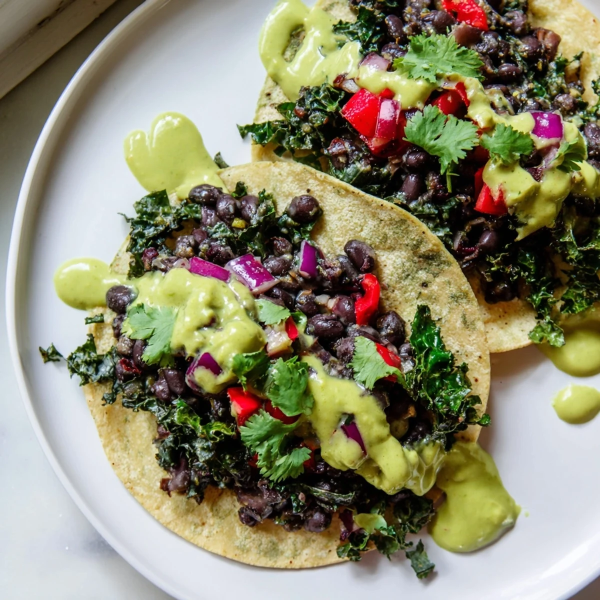 Smoky black bean kale tacos drizzled with vibrant creamy green sauce on warm tortillas