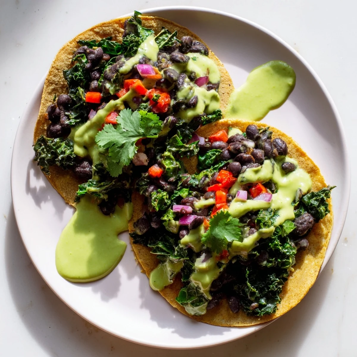 Warm corn tortillas loaded with smoky black bean kale filling and herby avocado sauce