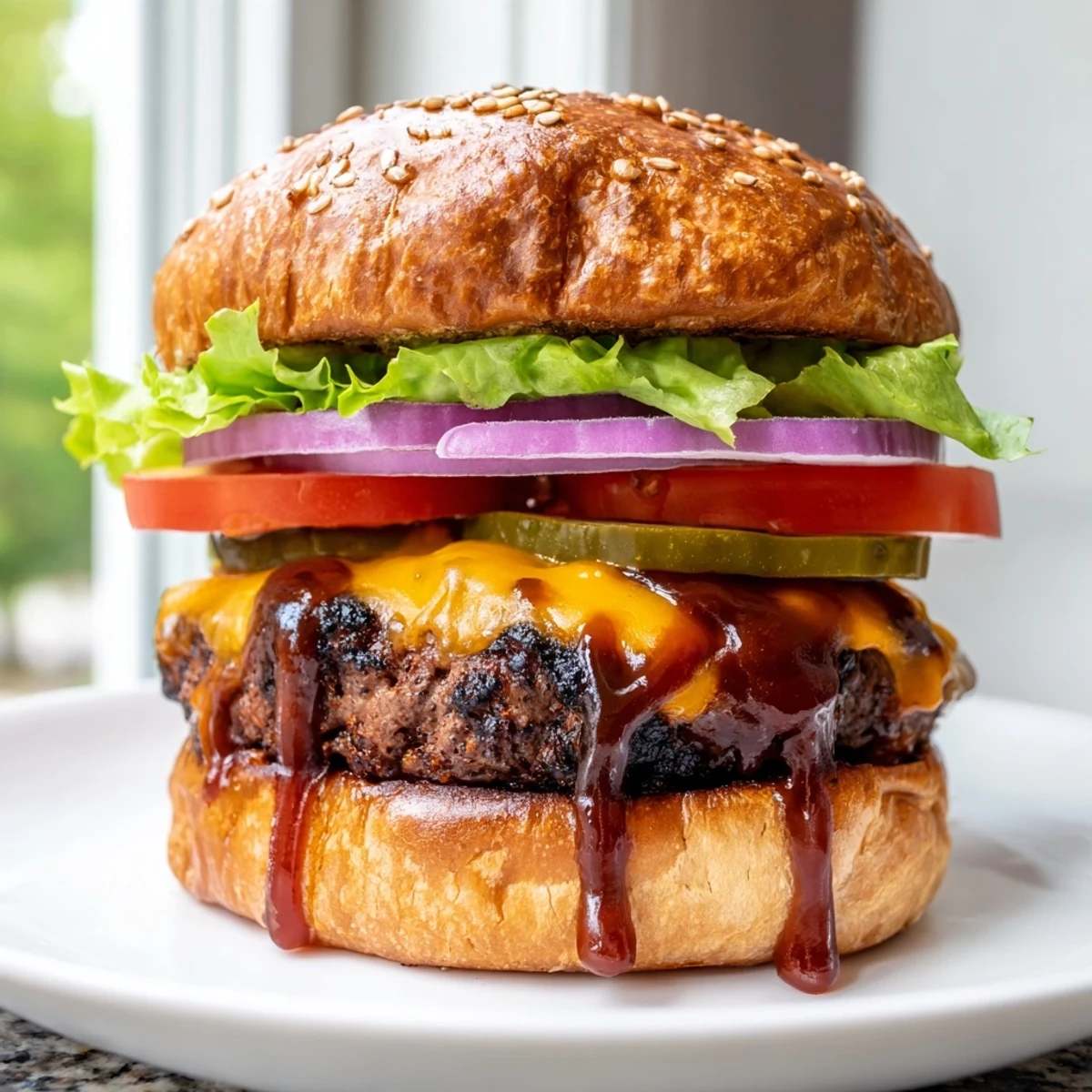 Juicy coffee rub burgers with smoky BBQ sauce on a toasted brioche bun