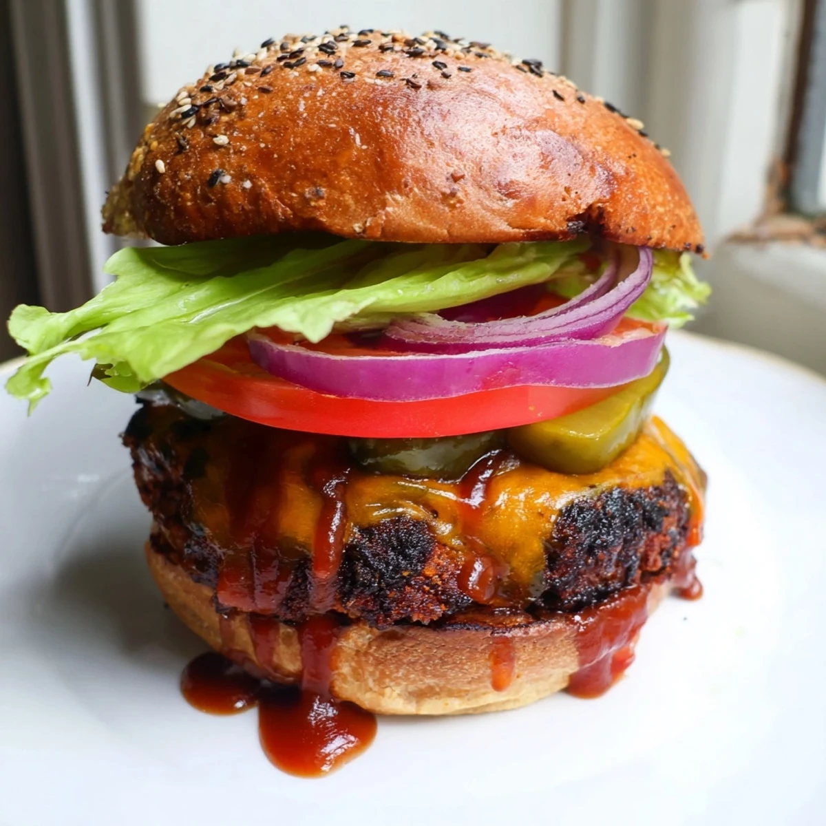 Grilled coffee rub burgers topped with melted cheddar and tangy smoky BBQ sauce