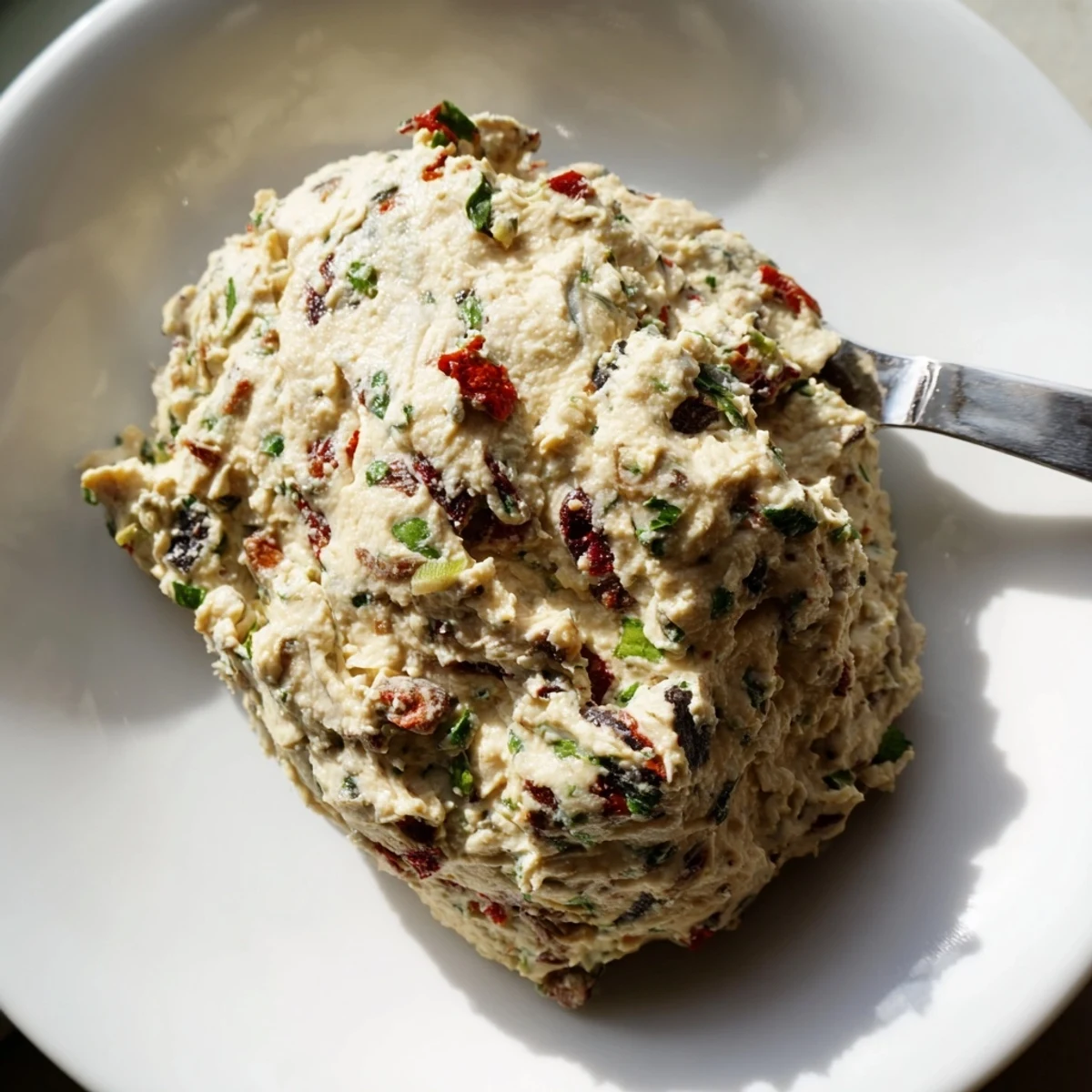 Italian Style Olive and Cheese Spread topped with briny olives and sun-dried tomatoes